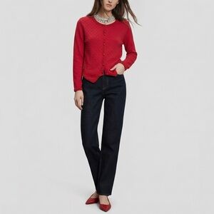 VTG BFA Classic Red Beaded TUX Front Cardigan sz MP Cotton Blend Sweater